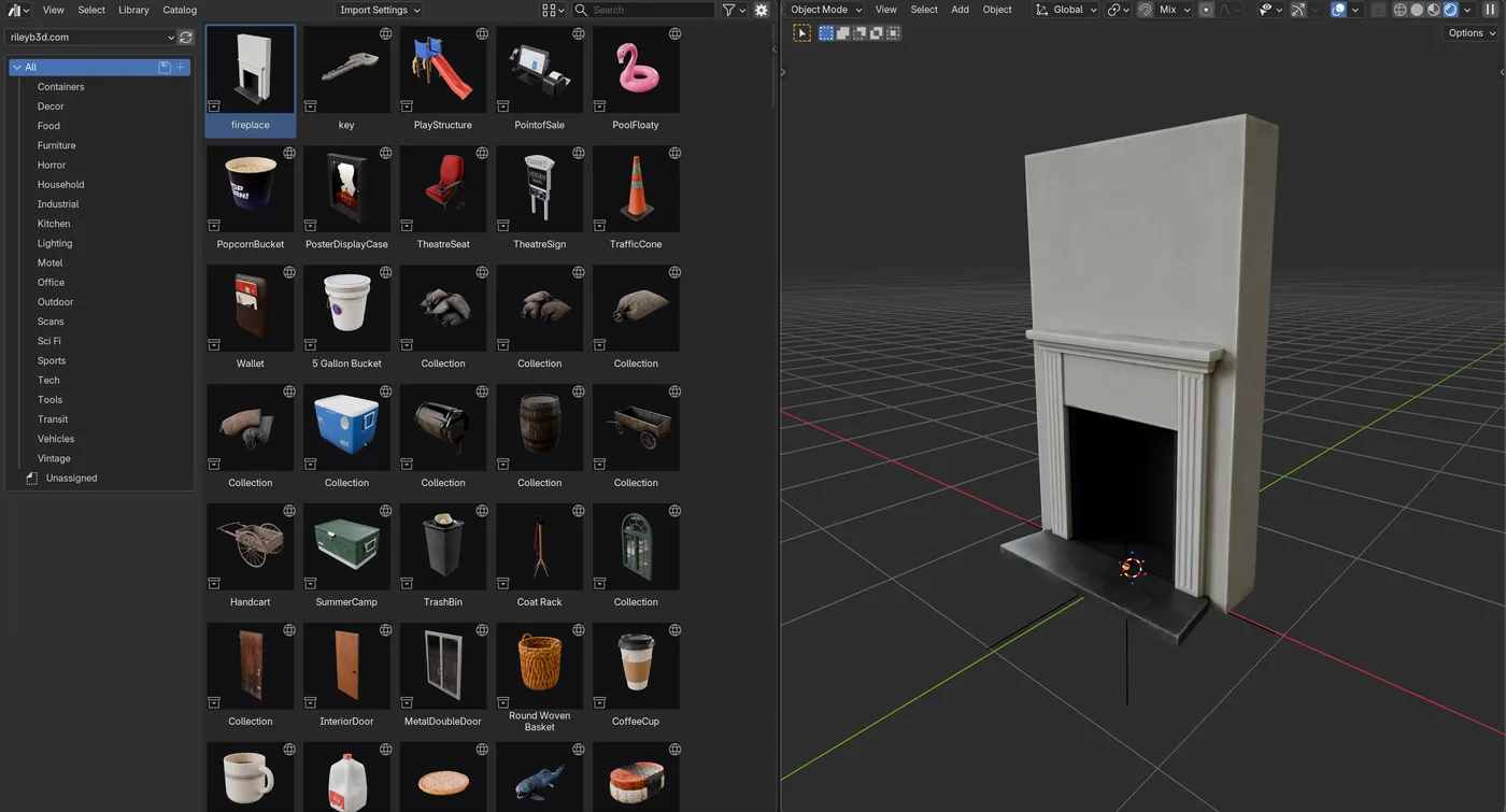 The rileyb3d library in Blender’s Asset Browser beside a fireplace model