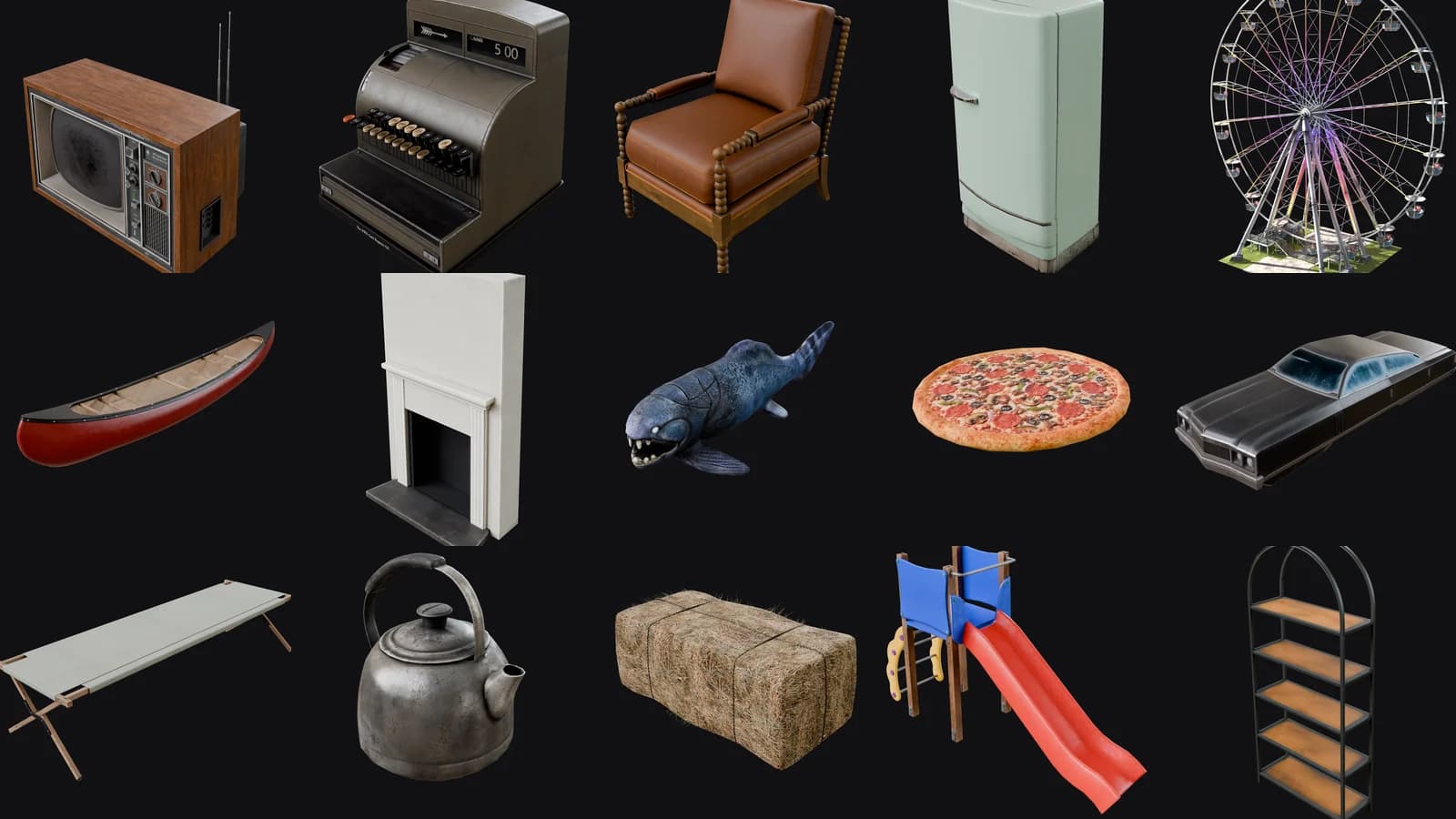 A grid of game-ready 3D models from the library: a retro television, cash register, leather chair, canoe, ferris wheel and more