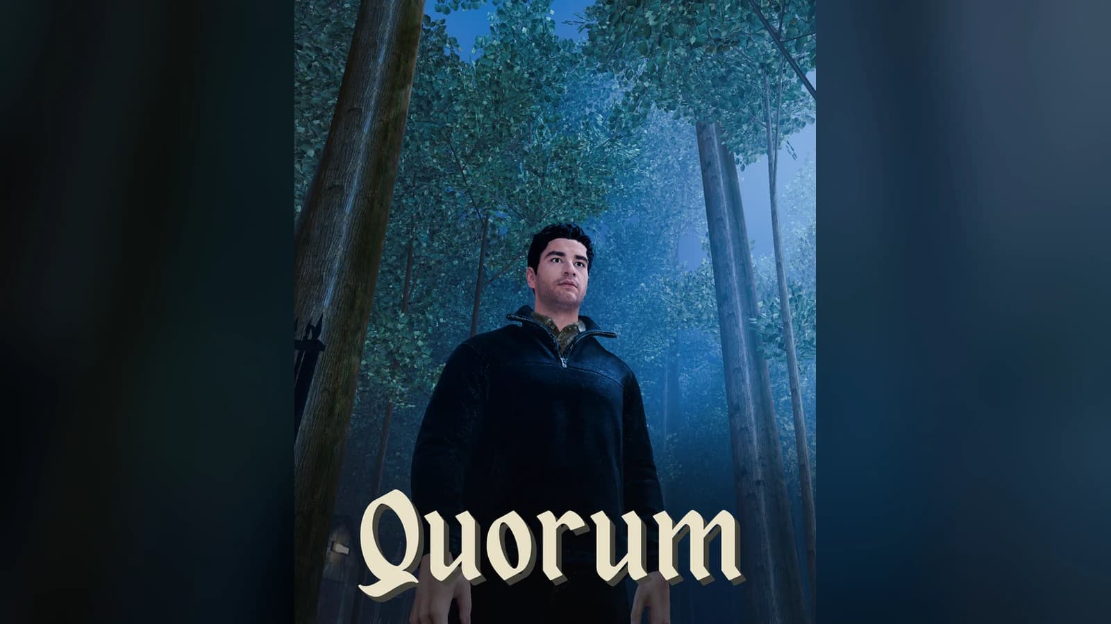 QUORUM key art: the groundskeeper standing among moonlit trees
