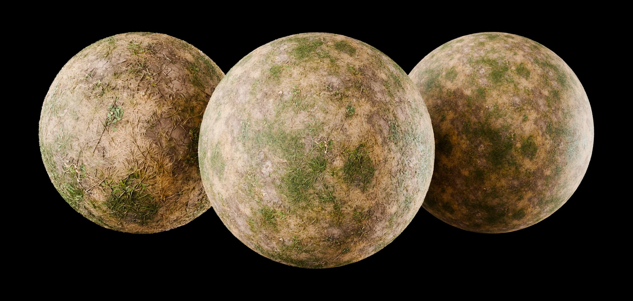 Patchy grass and earth PBR texture on a sphere